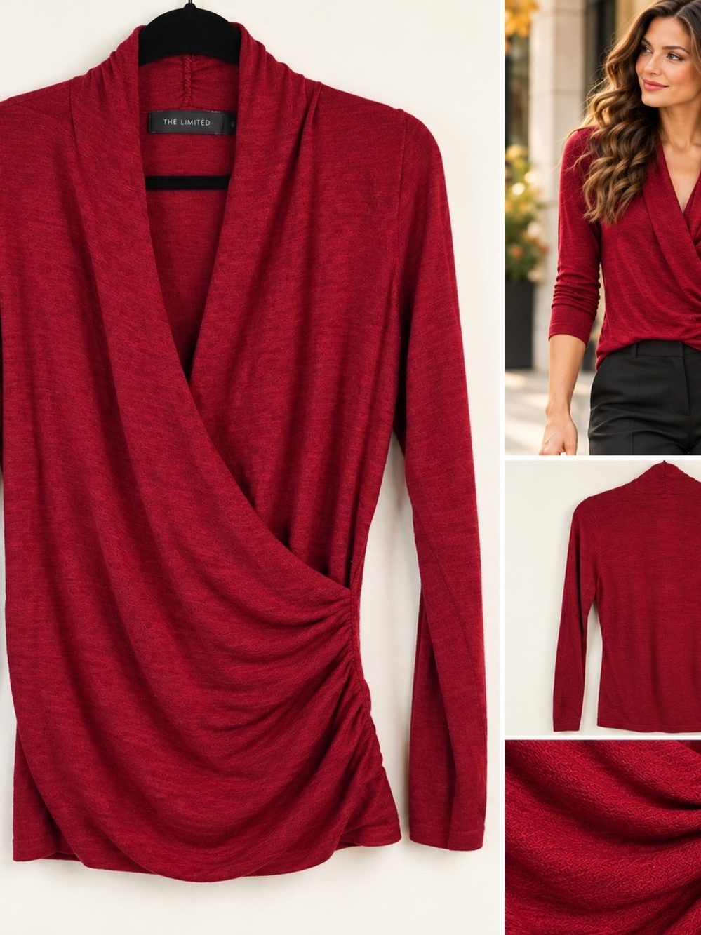 The Limited L Burgundy Draped Wrap Top Ruched Long Sleeve Y2K Office Chic